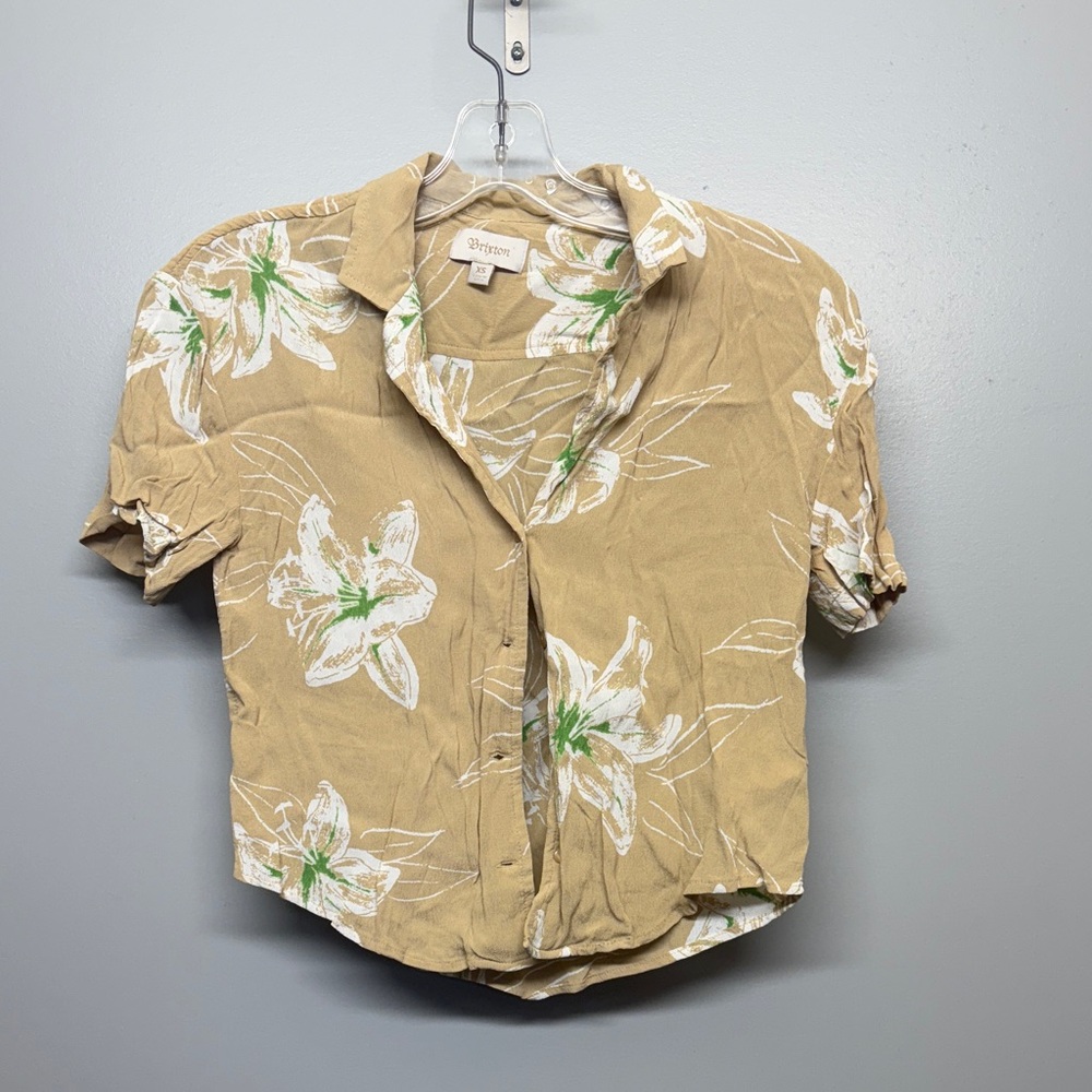 Brixton Tan and Green Button Up Beachy Summer Crop Top SIZE XS